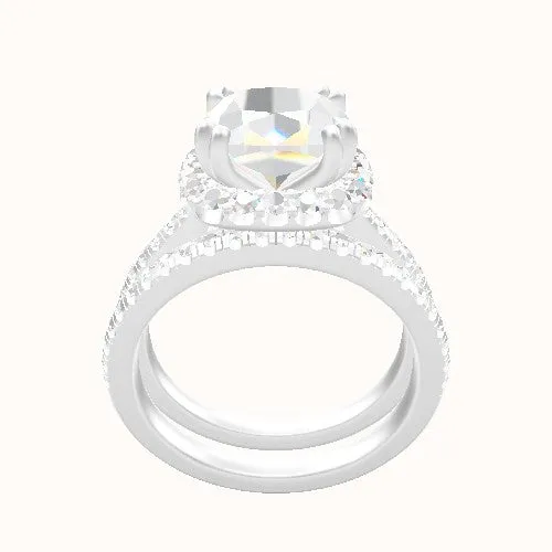 Pave Cathedral Engagement Ring With Halo with Double Prong Head and Matching Band