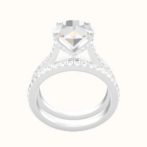 Pave Cathedral Engagement Ring With Pave Petal Four Prong Head and Matching Band