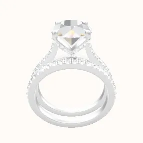 Pave Cathedral Engagement Ring With Pave Petal Four Prong Head and Matching Band