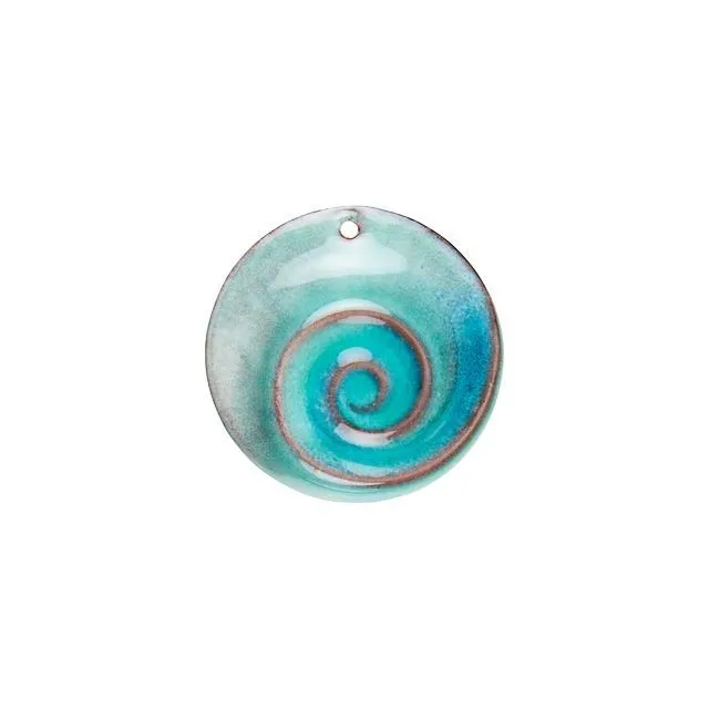 Pendant, Round Disc Nautilus Shell 32mm, Enameled Brass Aqua Blue, by Gardanne Beads (1 Piece)