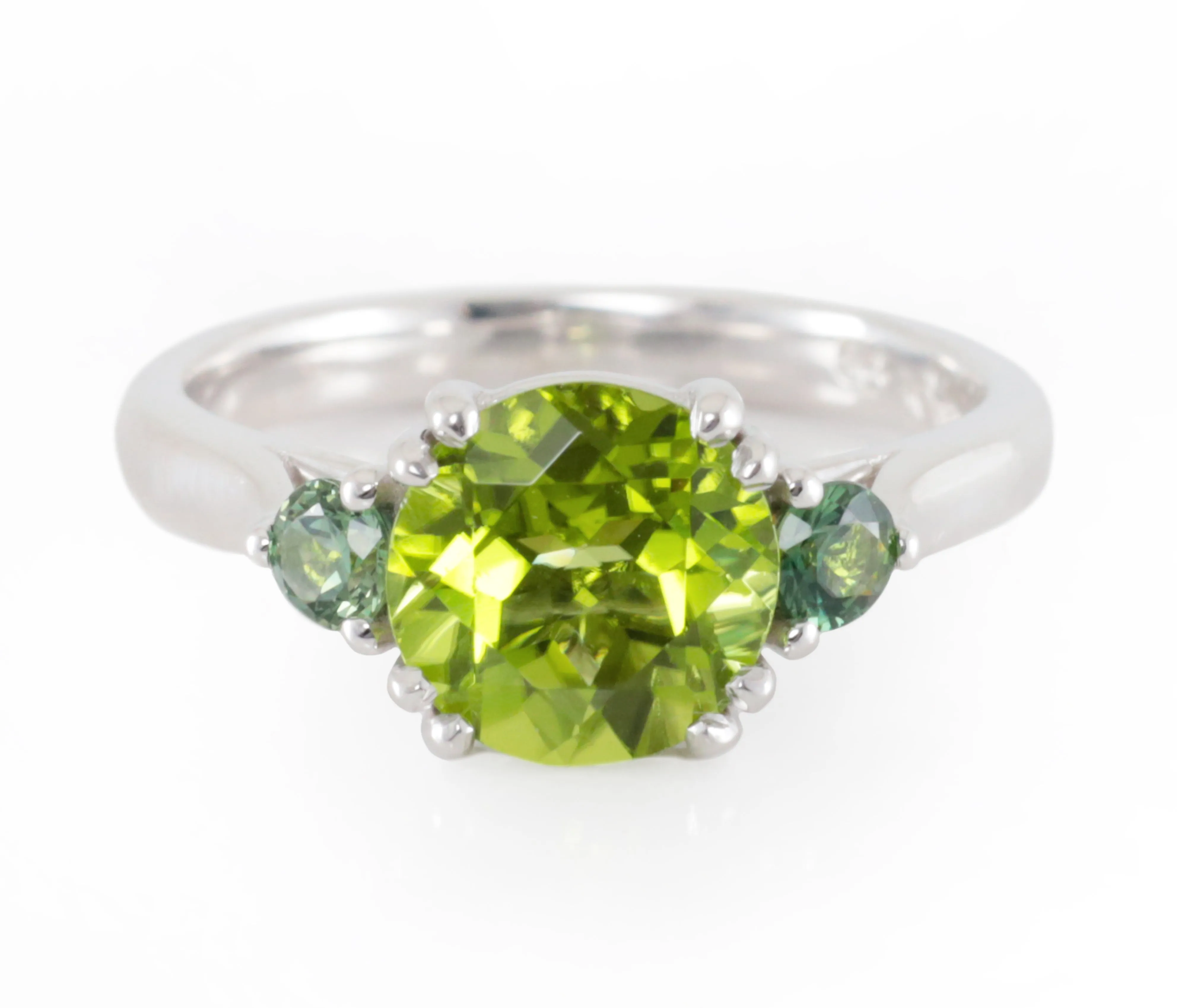 Peridot and Teal Sapphire Ring in White Gold