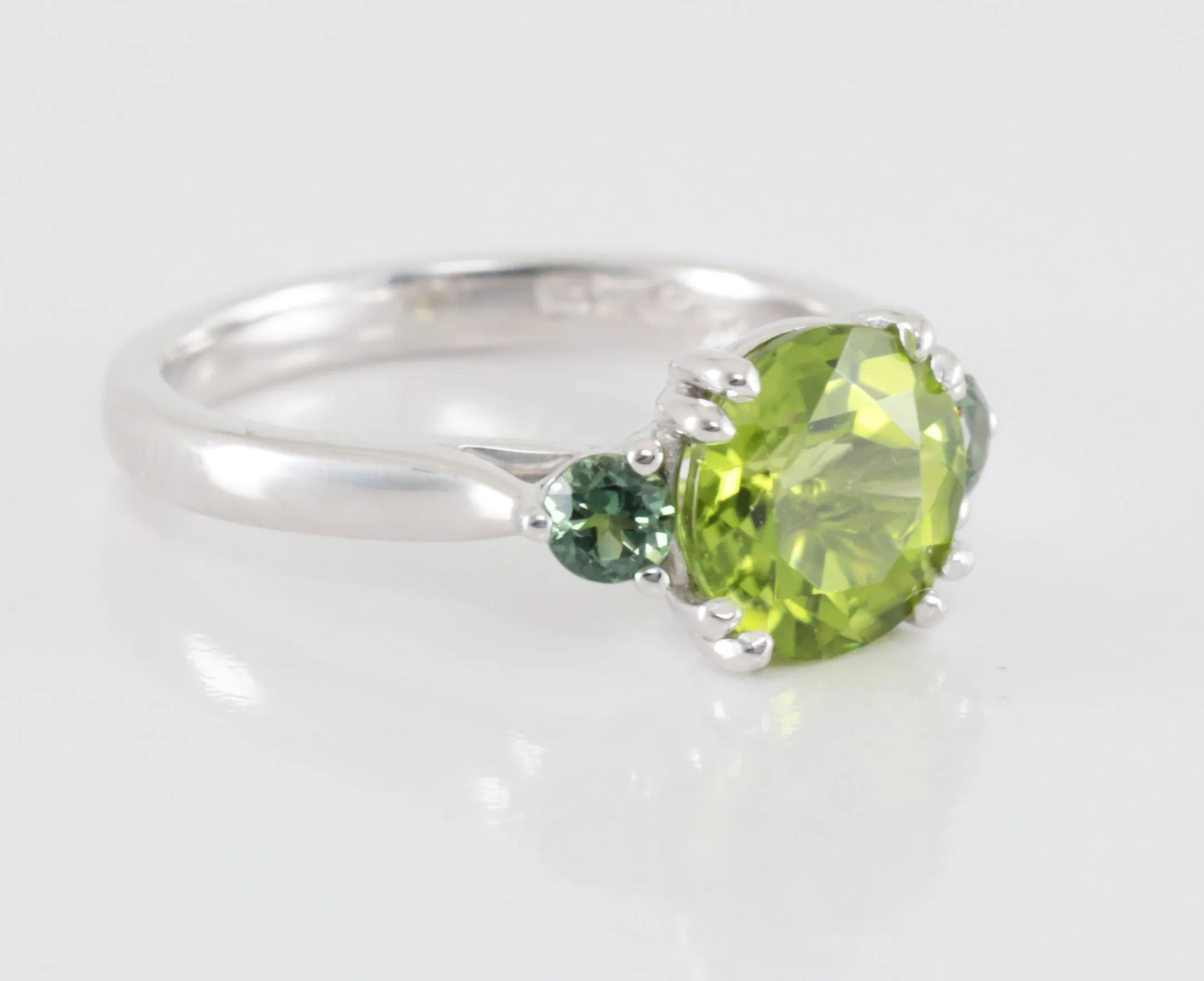 Peridot and Teal Sapphire Ring in White Gold