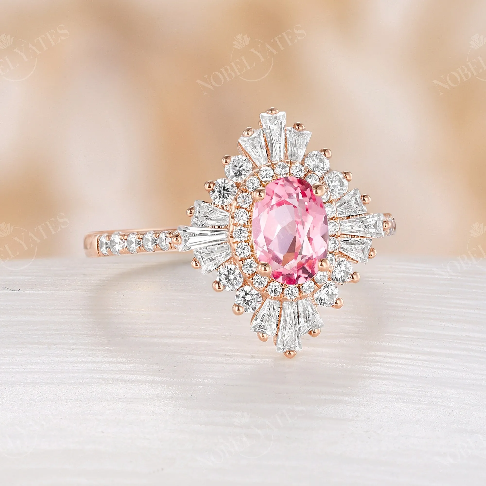 Pink Lab Grown Padparadscha Art Deco Engagement Ring Baguette Halo