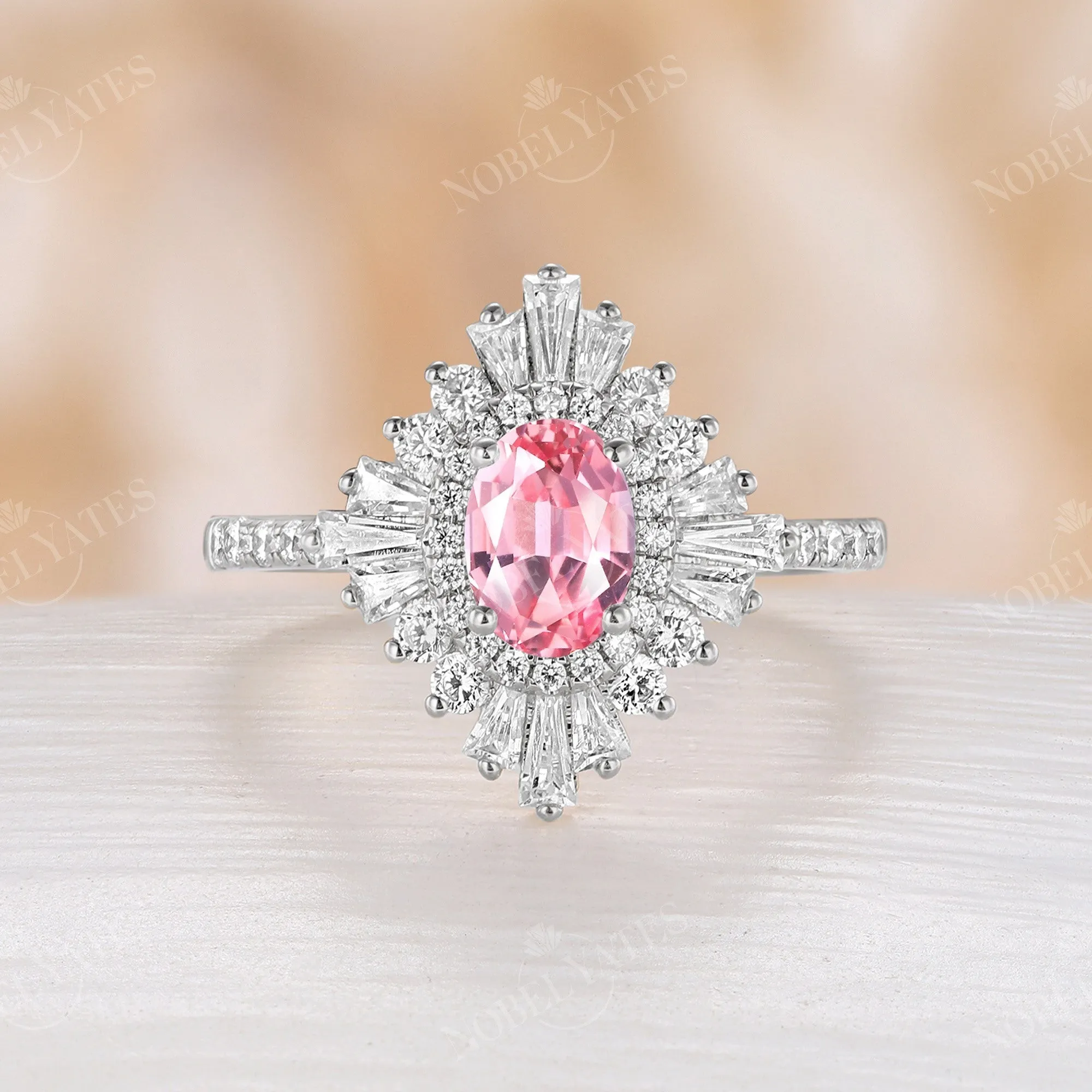 Pink Lab Grown Padparadscha Art Deco Engagement Ring Baguette Halo