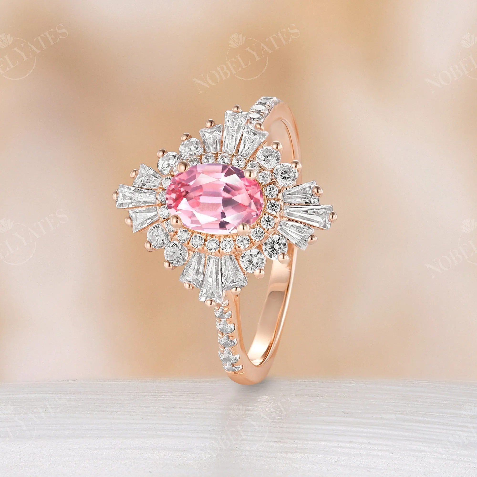 Pink Lab Grown Padparadscha Art Deco Engagement Ring Baguette Halo