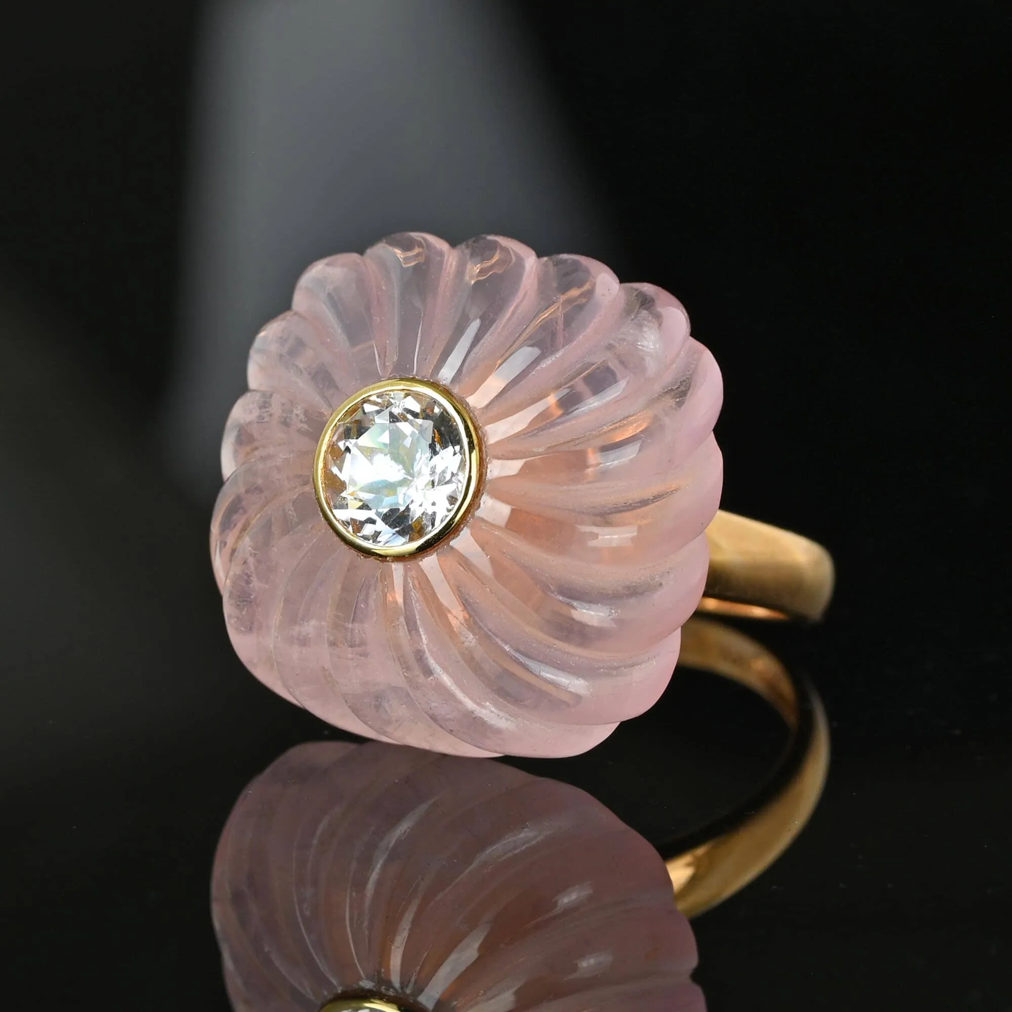 Pinwheel Carved Rose Quartz Blue Topaz Ring in 14K Gold