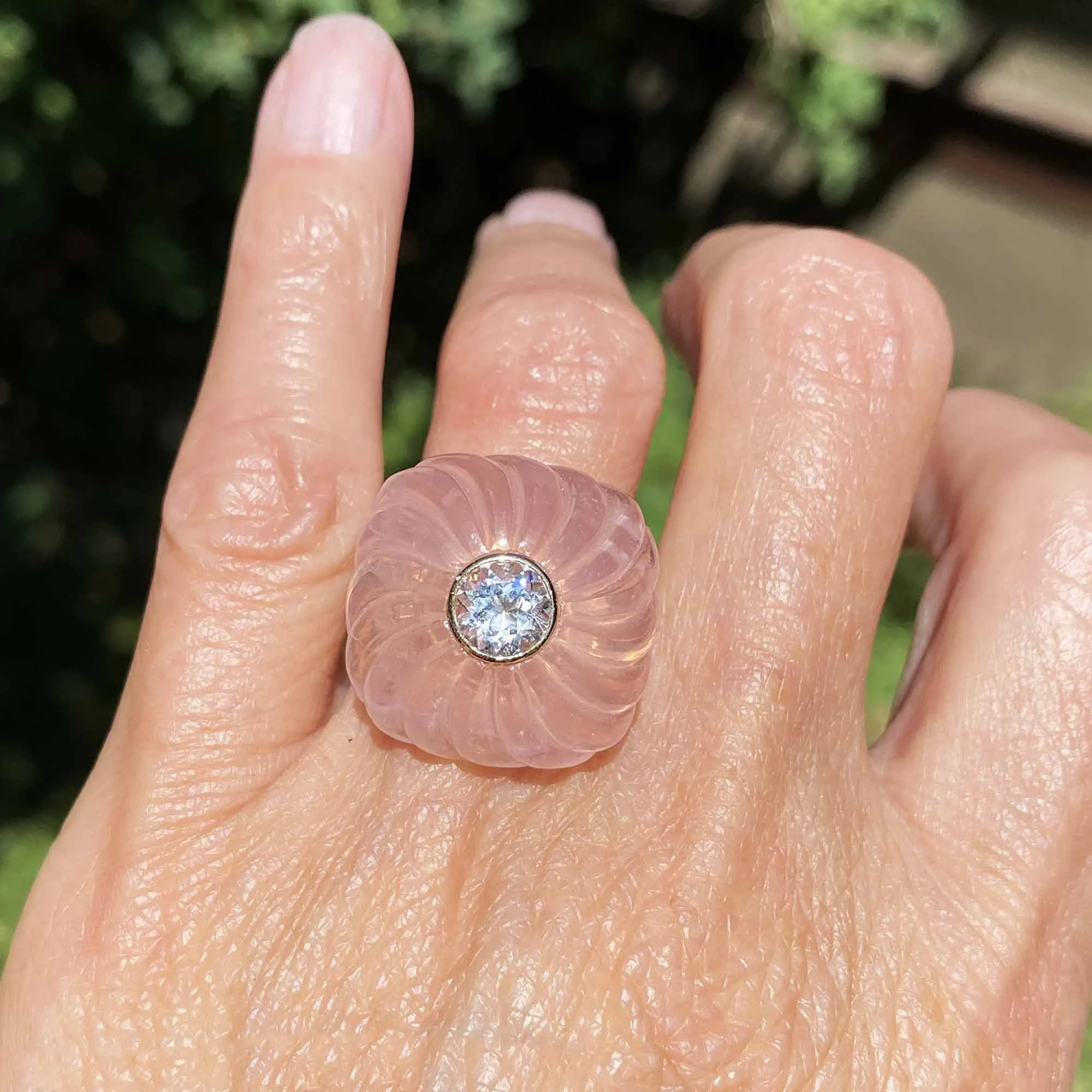 Pinwheel Carved Rose Quartz Blue Topaz Ring in 14K Gold