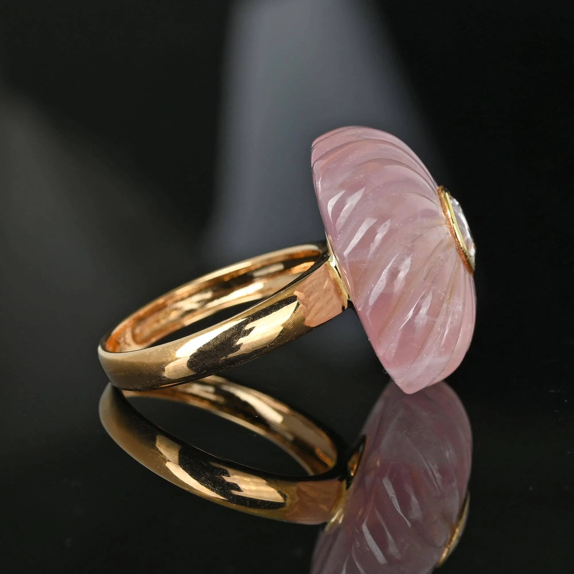 Pinwheel Carved Rose Quartz Blue Topaz Ring in 14K Gold