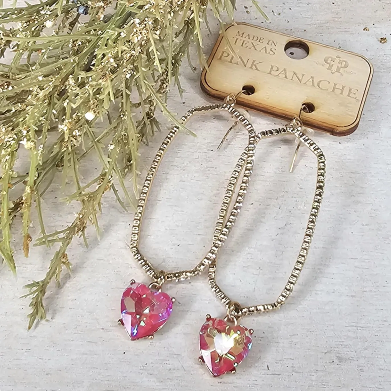 PP Gold Navette Pink AB Heart Drop Earrings