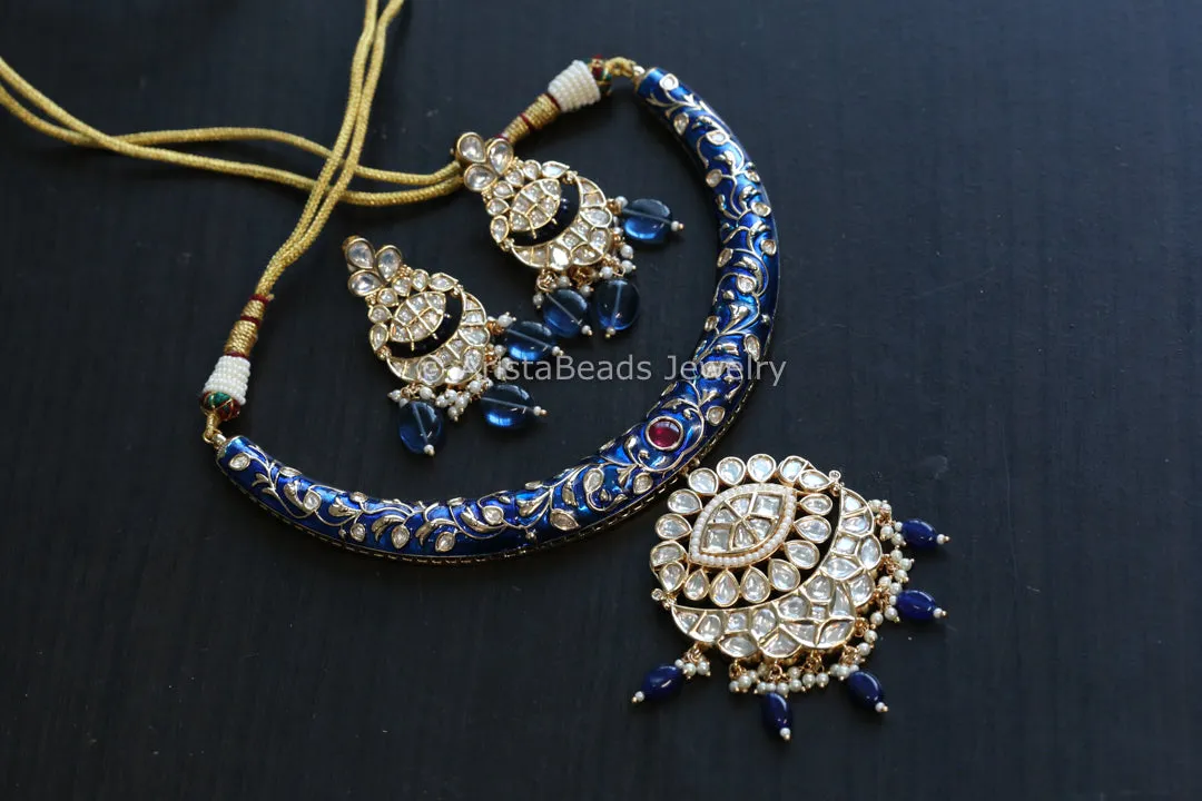 Premium Enamel & Polki Kundan Hasli Set - Blue