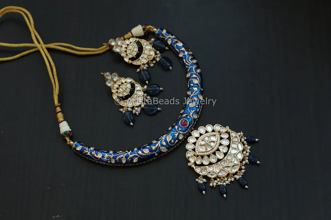 Premium Enamel & Polki Kundan Hasli Set - Blue