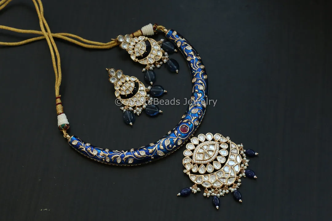 Premium Enamel & Polki Kundan Hasli Set - Blue