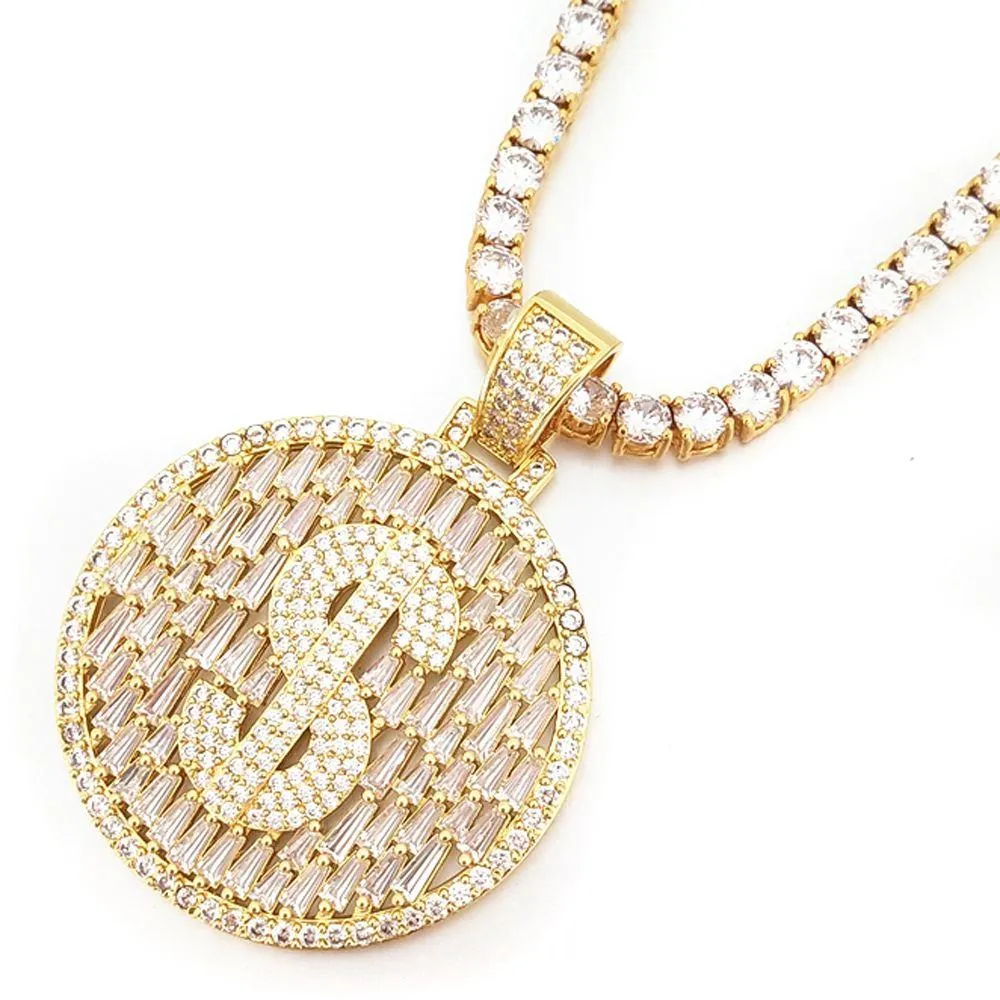 Raining Baguettes Money Sign Iced Out Pendant in White / Yellow Gold