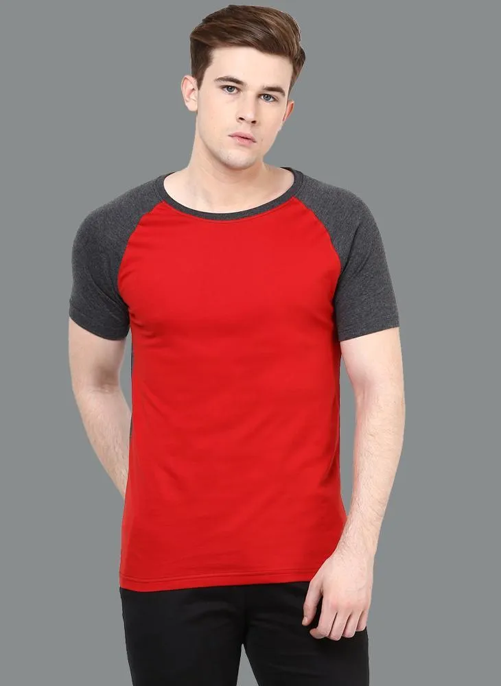 Red Crew Neck T-shirt with Contrast Raglan Sleeves