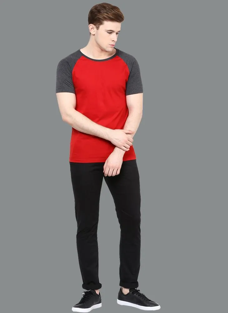 Red Crew Neck T-shirt with Contrast Raglan Sleeves