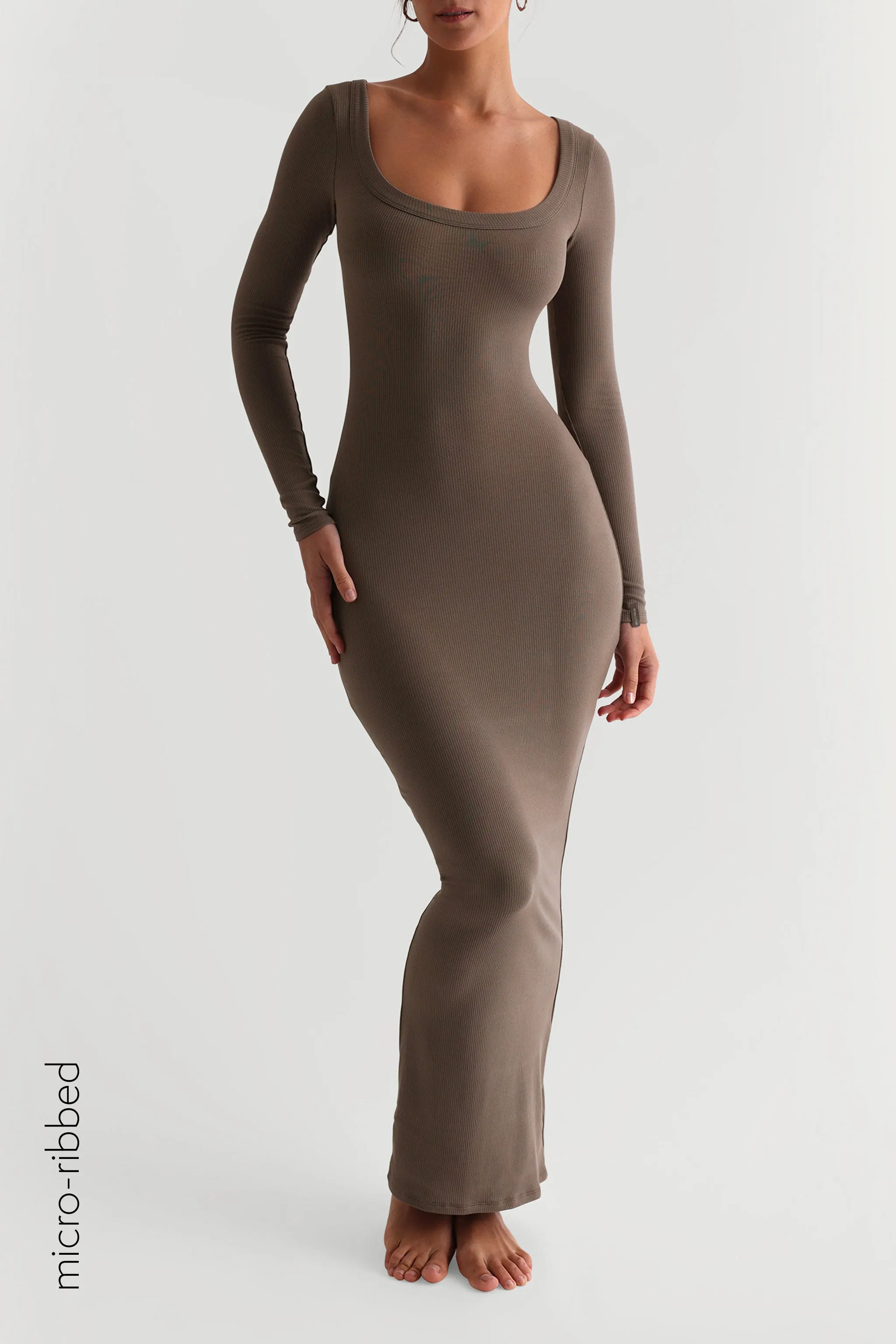 Scooped Micro-Ribbed Maxi Dress - Warm Mocha