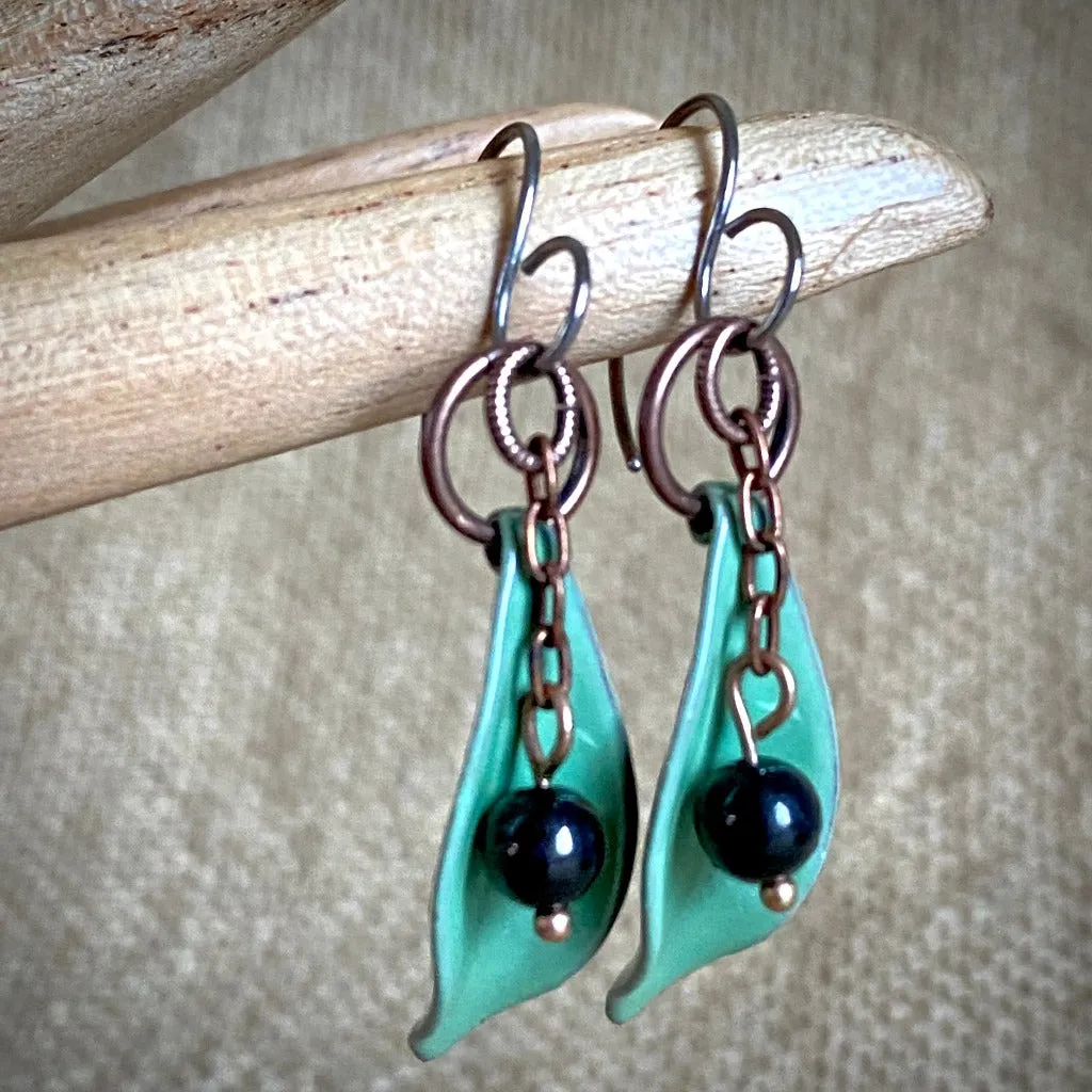 Shungite & Lime Green Willow Leaf Earrings, Hand-Enameled Copper