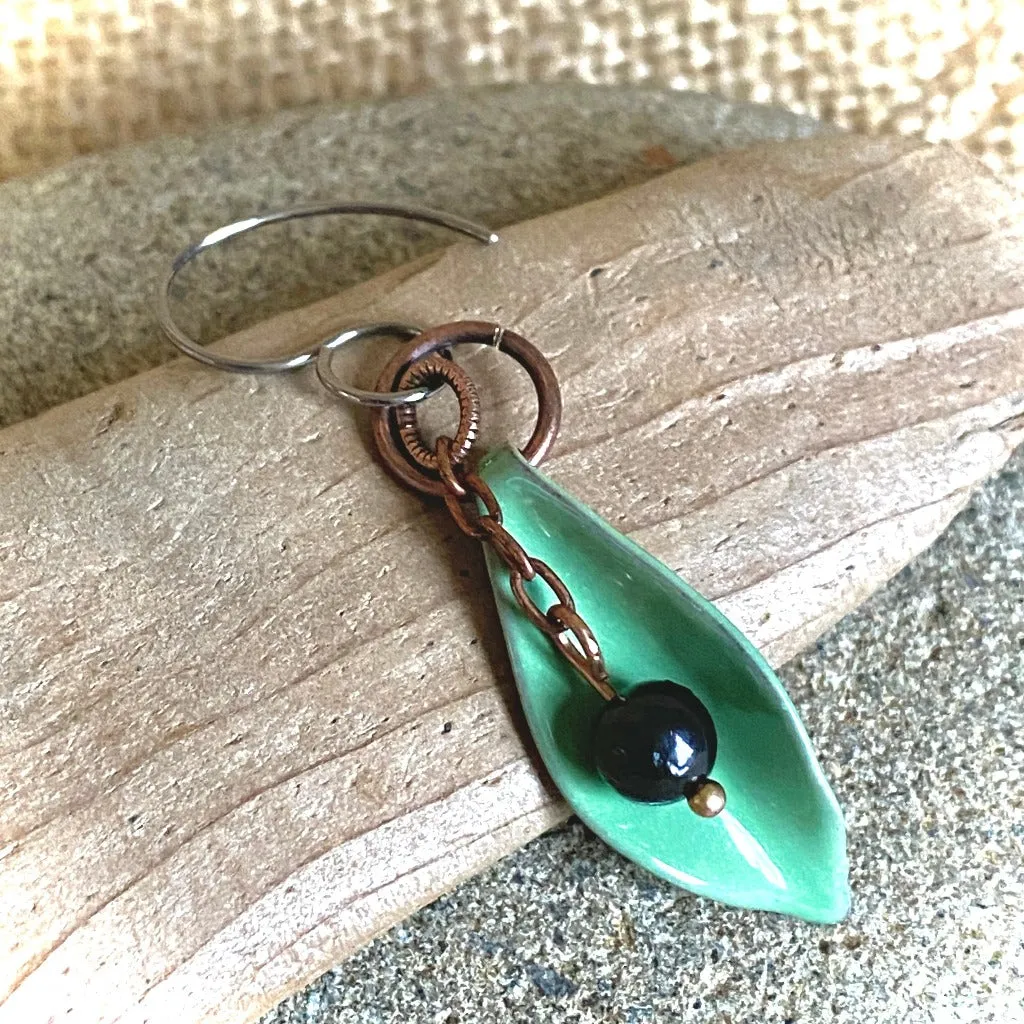 Shungite & Lime Green Willow Leaf Earrings, Hand-Enameled Copper