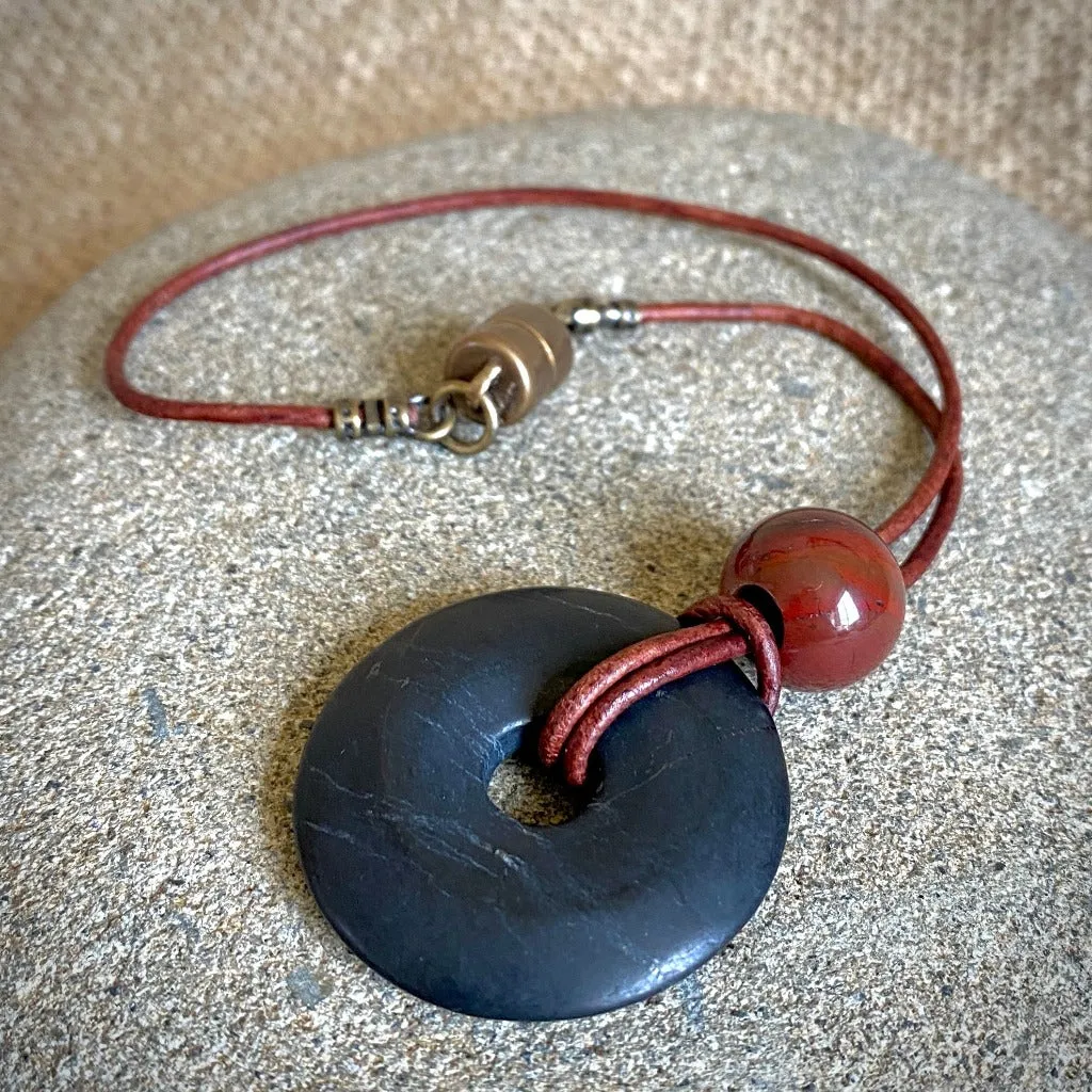 Shungite Donut & Red Jasper Rearview Mirror Dangle, Car Accessory