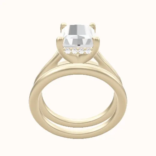 Split Cathedral Engagement Ring With V Prong with Hidden Halo Head and Matching Band