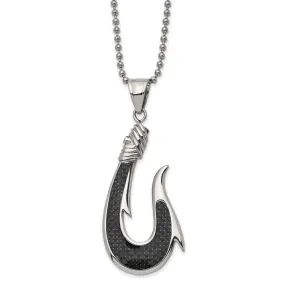 Stainless Steel & Black Carbon Fiber Large Hook Necklace, 22 Inch