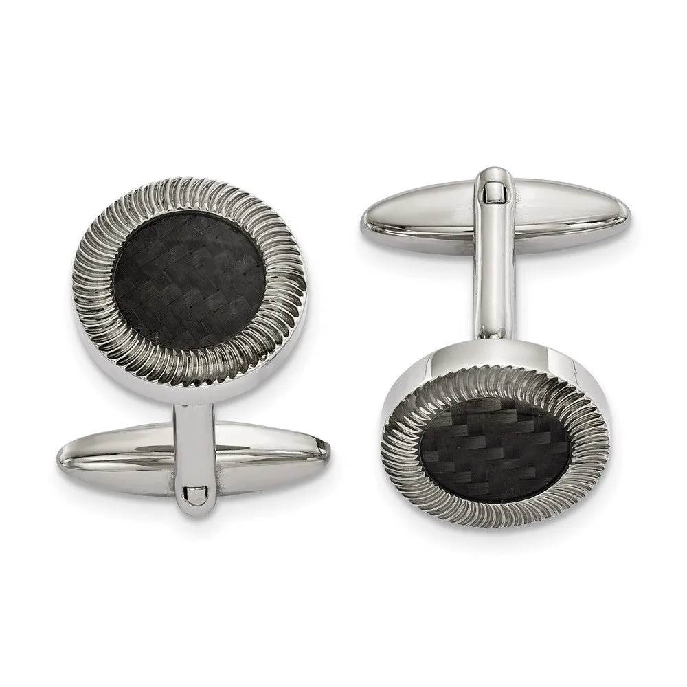 Stainless Steel & Black Carbon Fiber Textured Round Cuff Links, 16mm