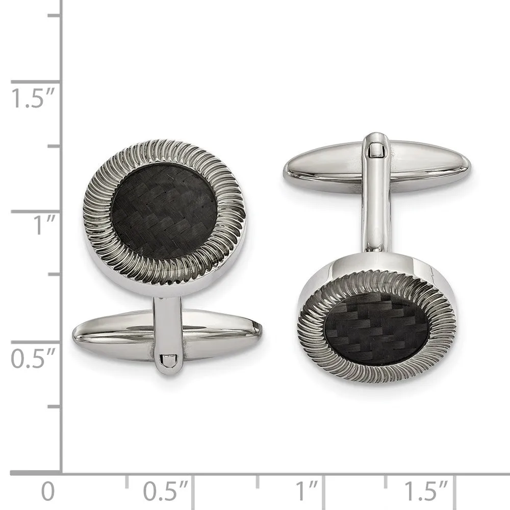 Stainless Steel & Black Carbon Fiber Textured Round Cuff Links, 16mm