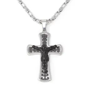 Stainless Steel Black Square Link Necklace with Crucifix Pendant