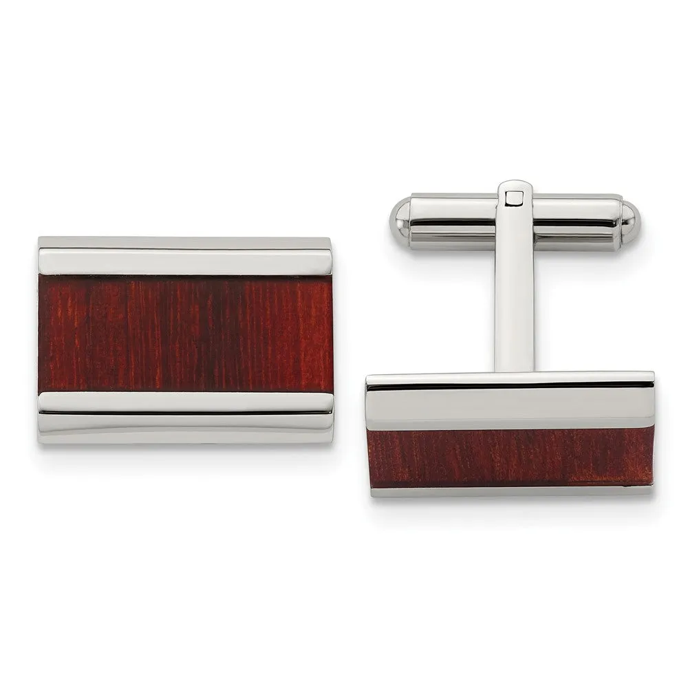 Stainless Steel Red Koa Wood Inlay Rectangle Cuff Links, 19 x 14mm