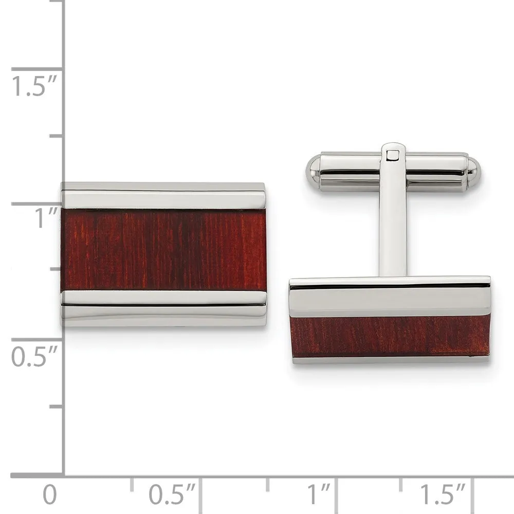 Stainless Steel Red Koa Wood Inlay Rectangle Cuff Links, 19 x 14mm