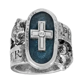 Symbols Of Faith Blue Enamel Cross & Crystal Protect Us Holy Mother Ring