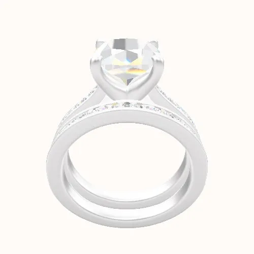 Tapered Channel Set Engagement Ring With Four Prong Head and Matching Band