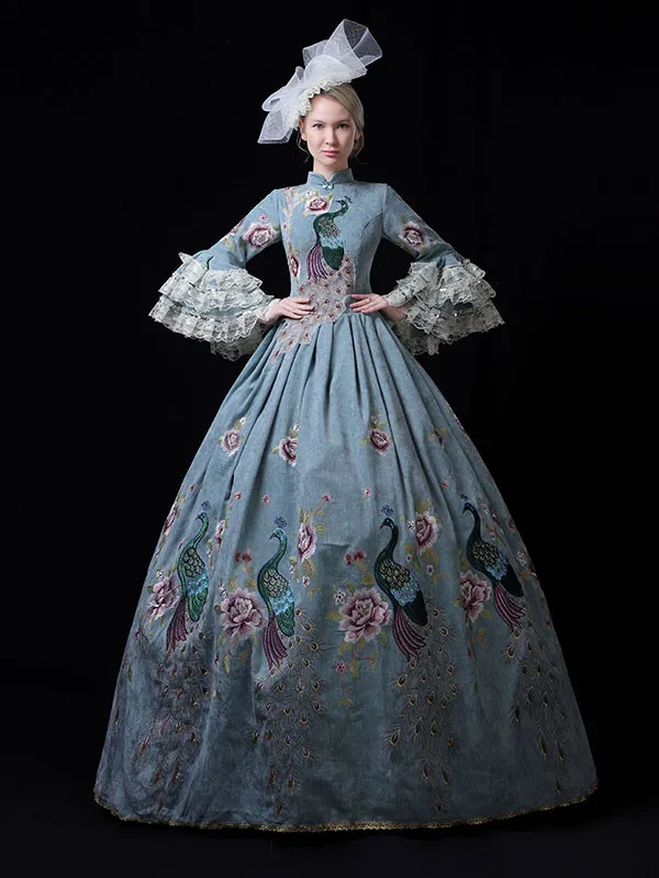 Teal  Retro Tudor Dress Costumes  Lace Marie Antoinette Costume Polyester Floral Print Dress Women's Euro-Style Tunic Masquerade