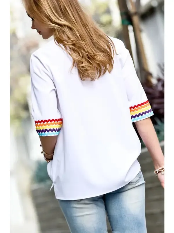 V-Neck Top - White/Multi Colors Stripes