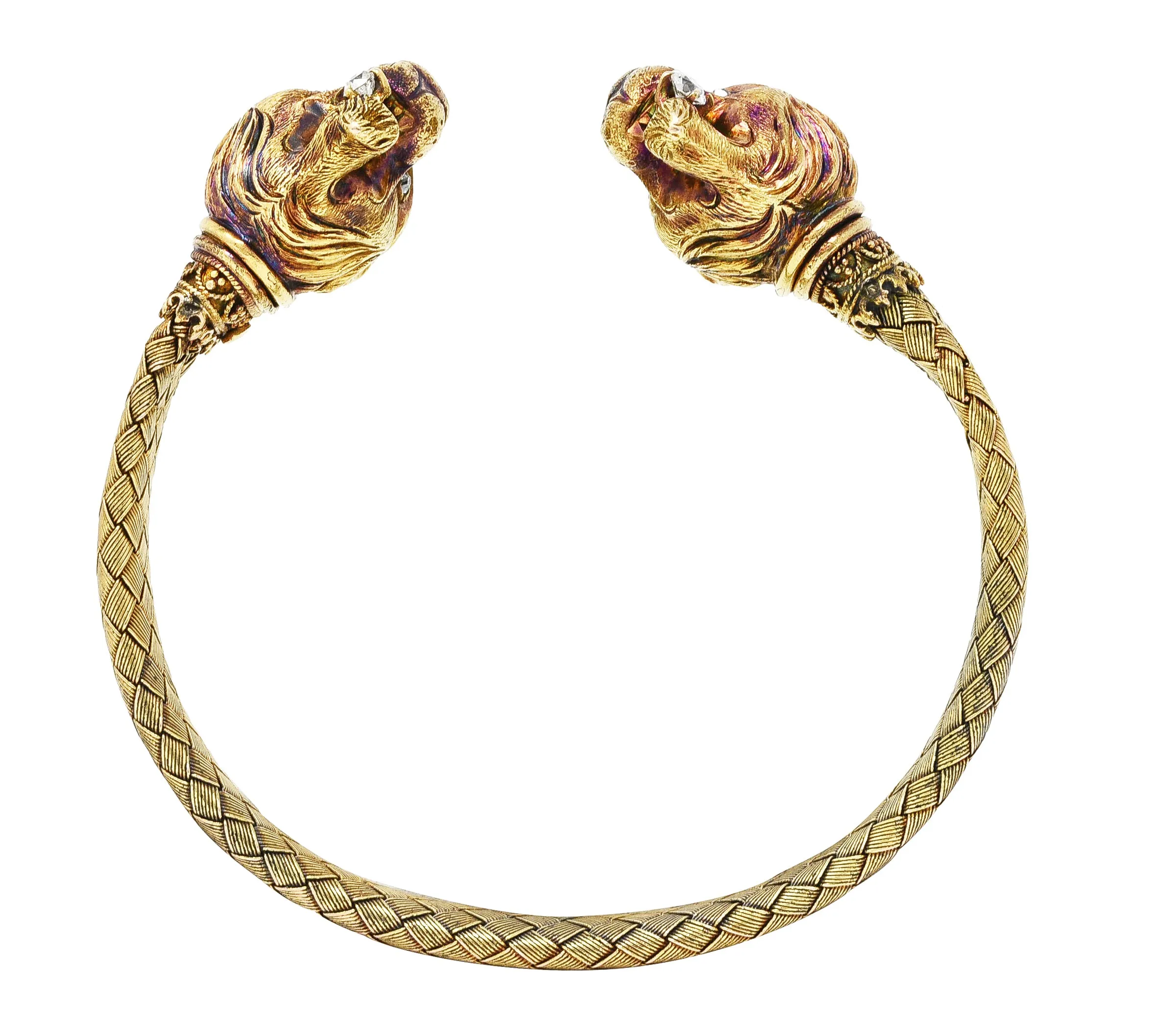 Victorian Diamond 18 Karat Gold Braided Lion Antique Cuff Bracelet