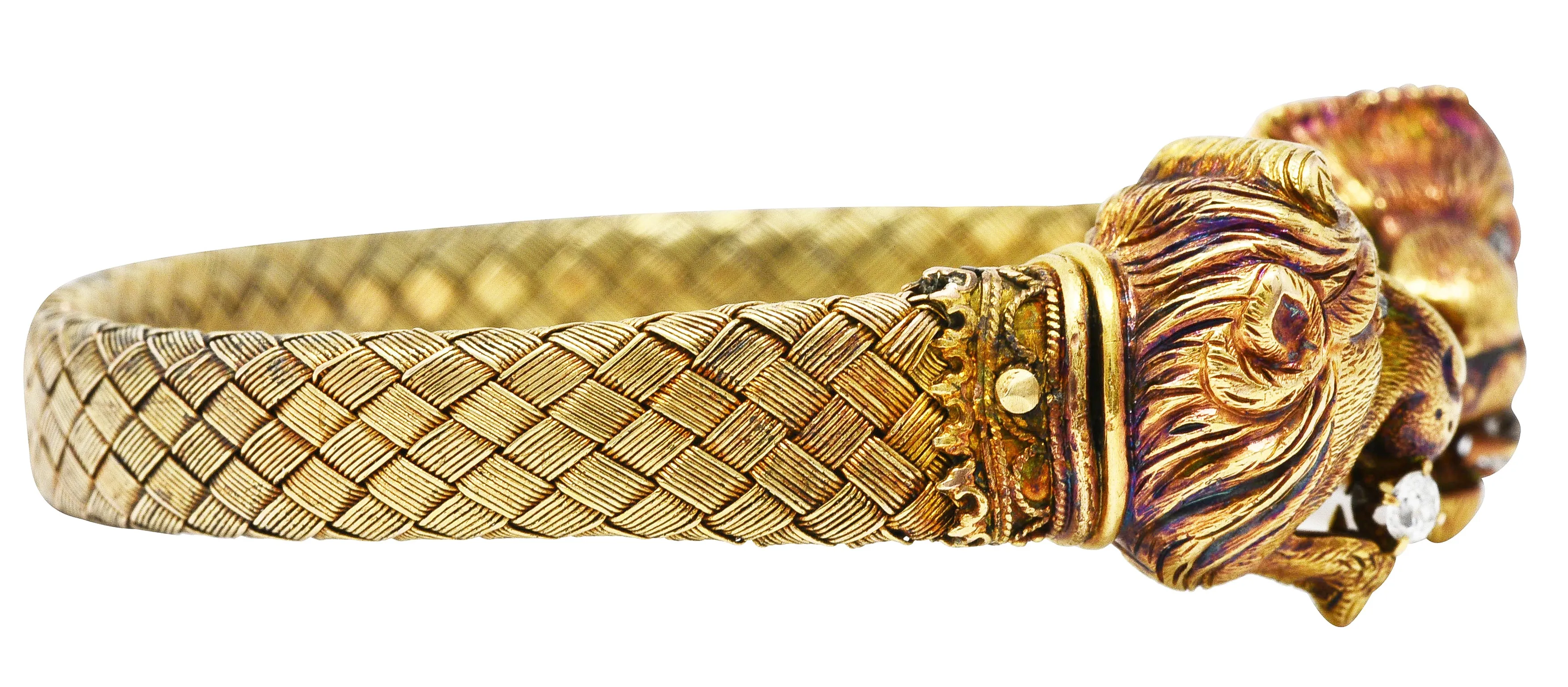 Victorian Diamond 18 Karat Gold Braided Lion Antique Cuff Bracelet