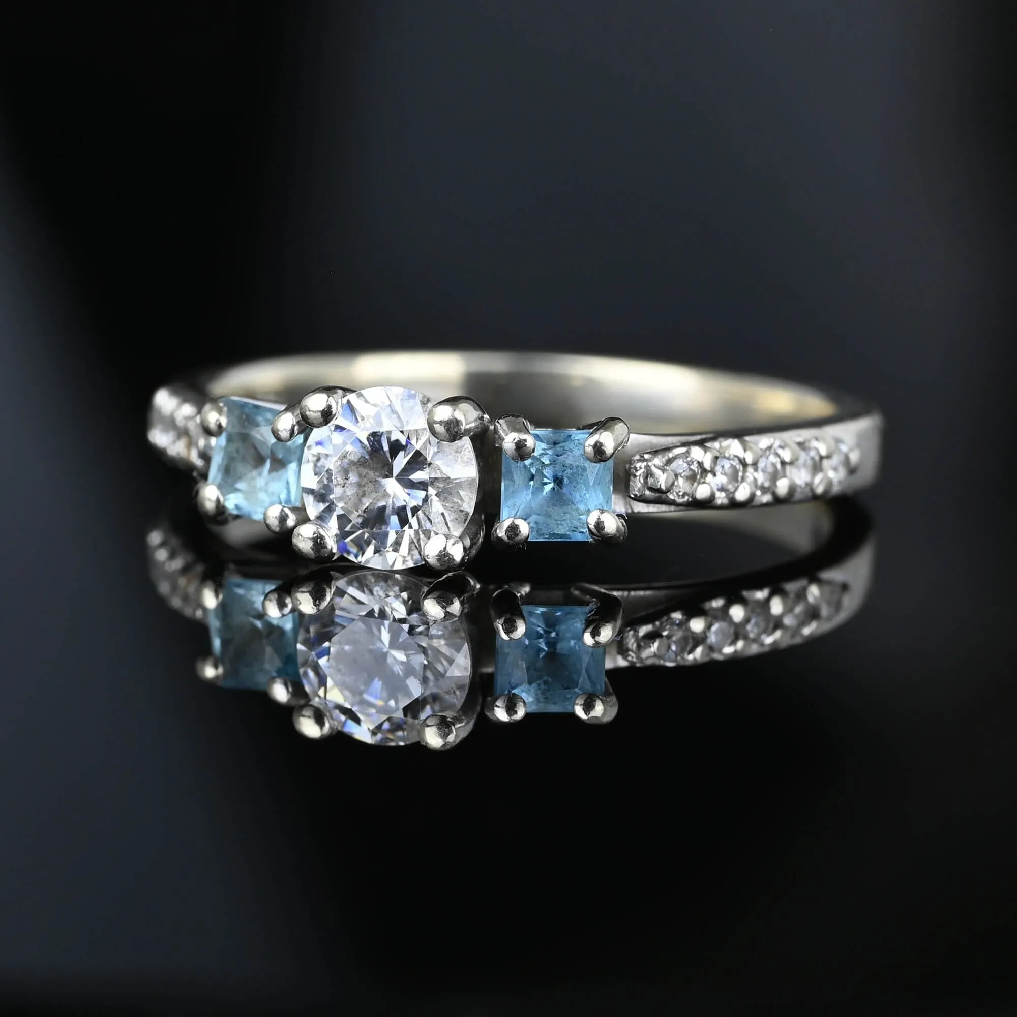 Vintage Blue Topaz CZ Crystal Solitaire Ring in 10K White Gold