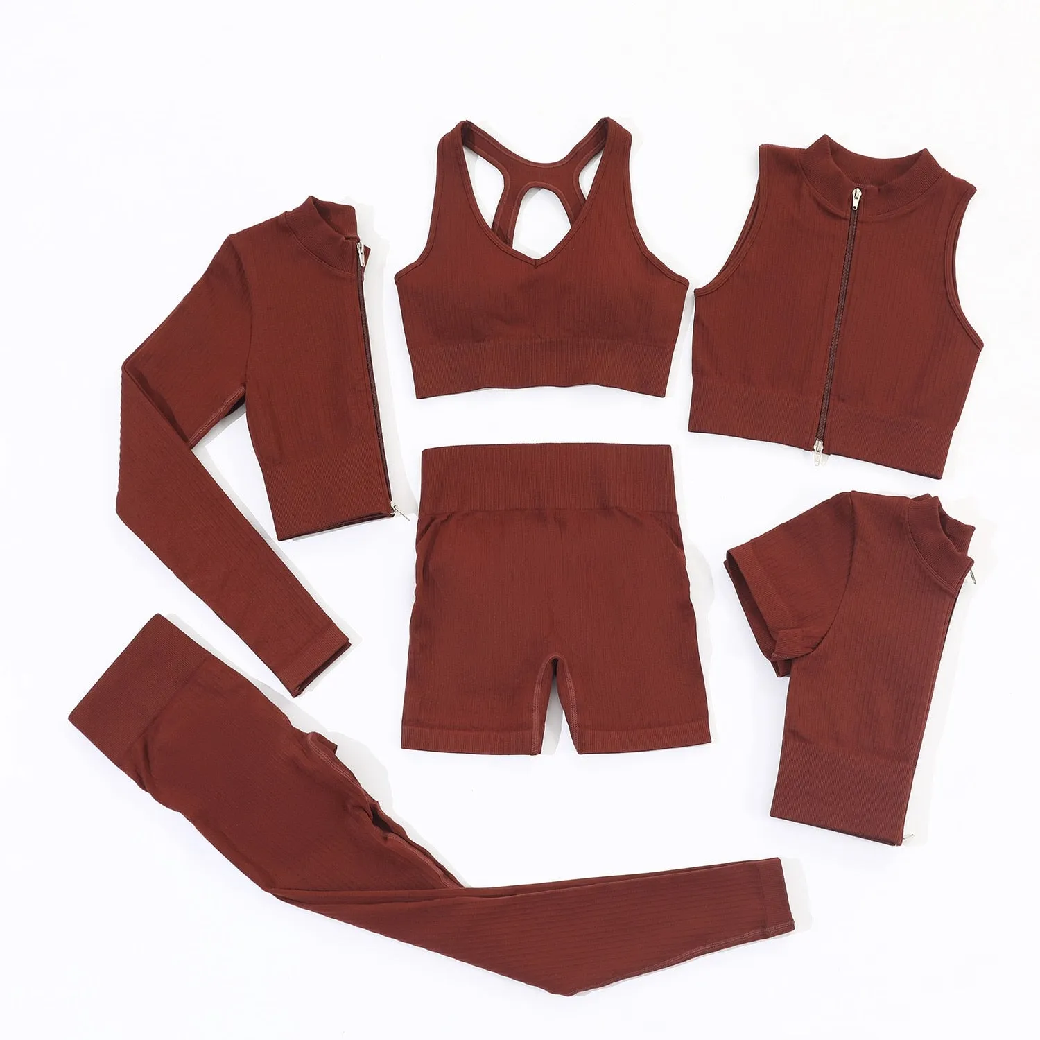 Women's Brown Color Seamless Racerback Bra and Shorts Workout Outfit