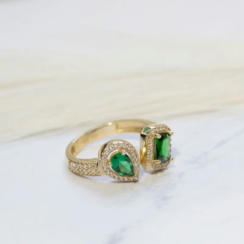 yellow gold open ring white zircons with green drop and rectangular zircon