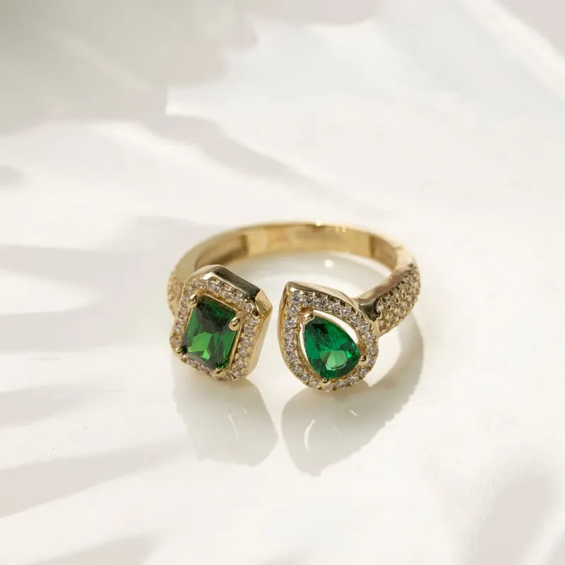 yellow gold open ring white zircons with green drop and rectangular zircon